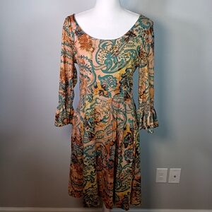 Peruvian Connection M Boho Rustic Floral Cottagecore Bell Sleeve Midi Dress